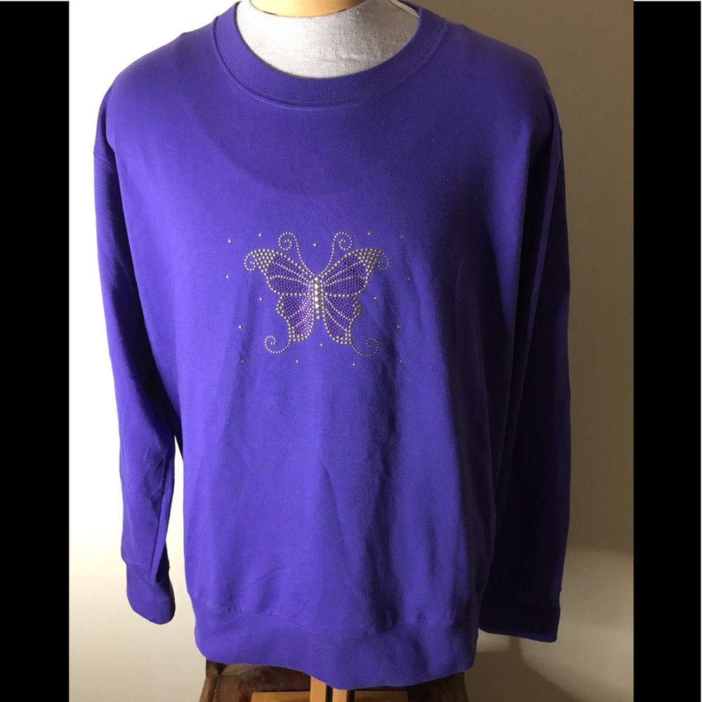 Plus Size Dark Purple Long Sleeve Sweatshirt with Purple/Gold Beaded Butterfly
